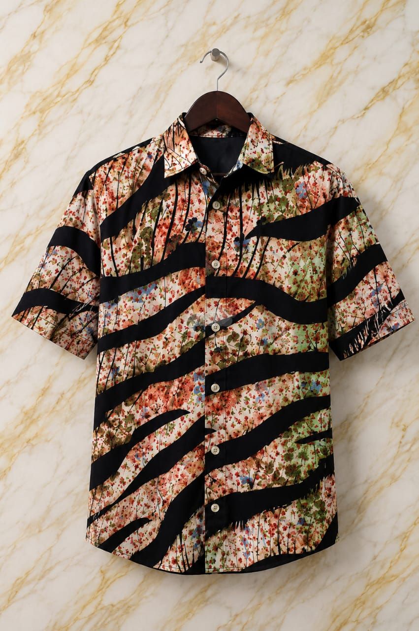 Stylish Men's Floral & Stripe Print Short Sleeve Shirt