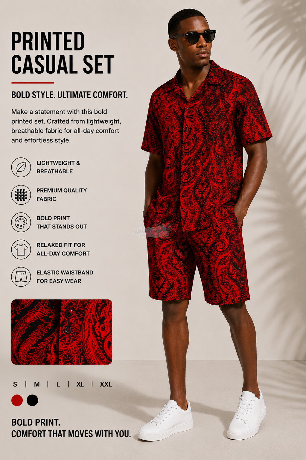 Men's Red Printed Casual Set – Premium 2-Piece Short Sleeve Outfit