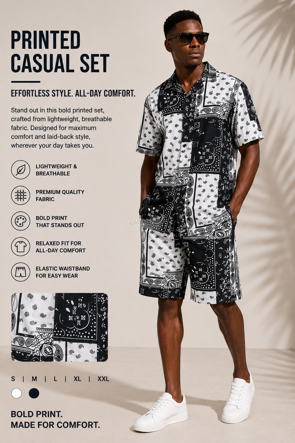 Men's Black & White Printed Casual Set – Stylish Summer Outfit