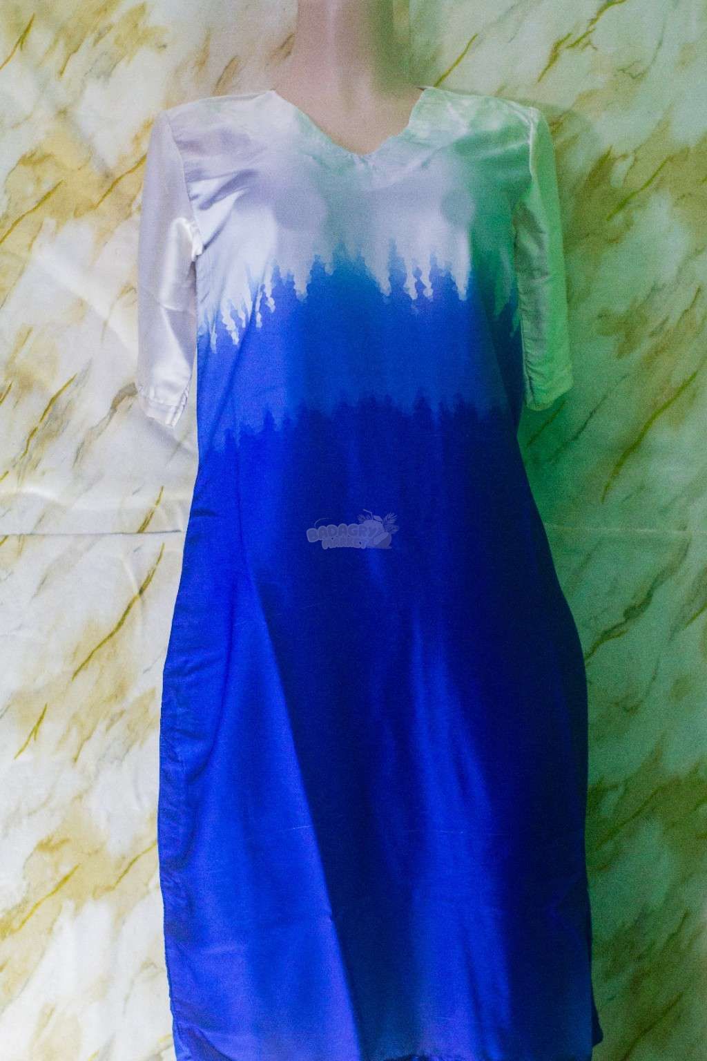 Women's Blue & White 3D Silk Short Gown – Elegant Free-Fit Dress