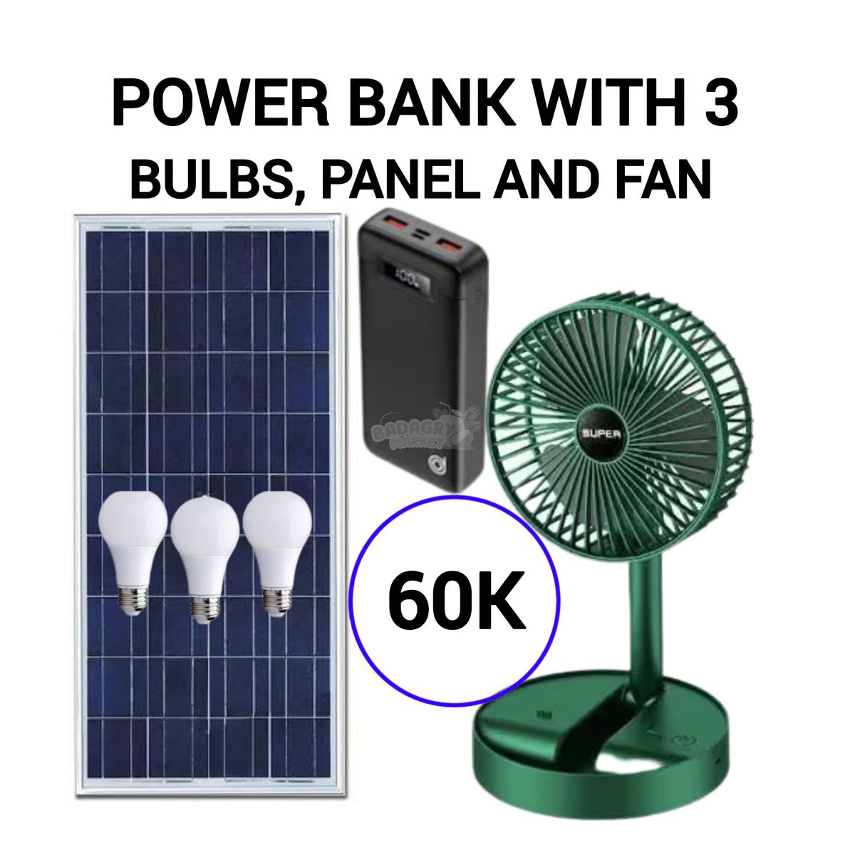 Solar Power Bank Kit with 3 Bulbs, Panel & Portable Fan