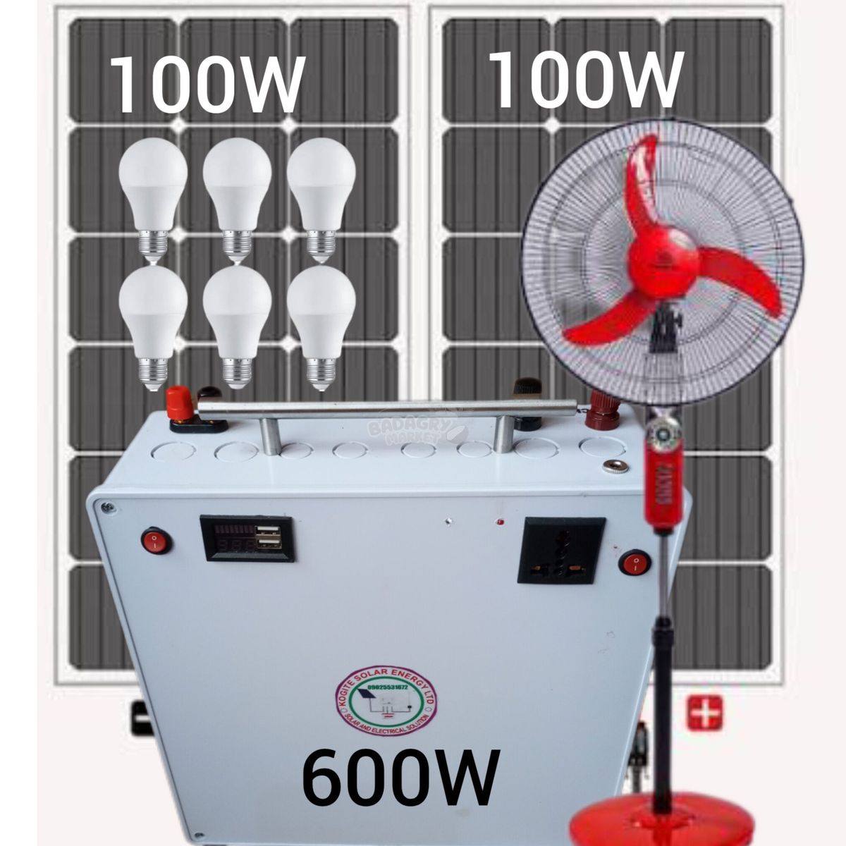 Solar Power Kit with 200W Panels, 600W Inverter, Fan & Bulbs